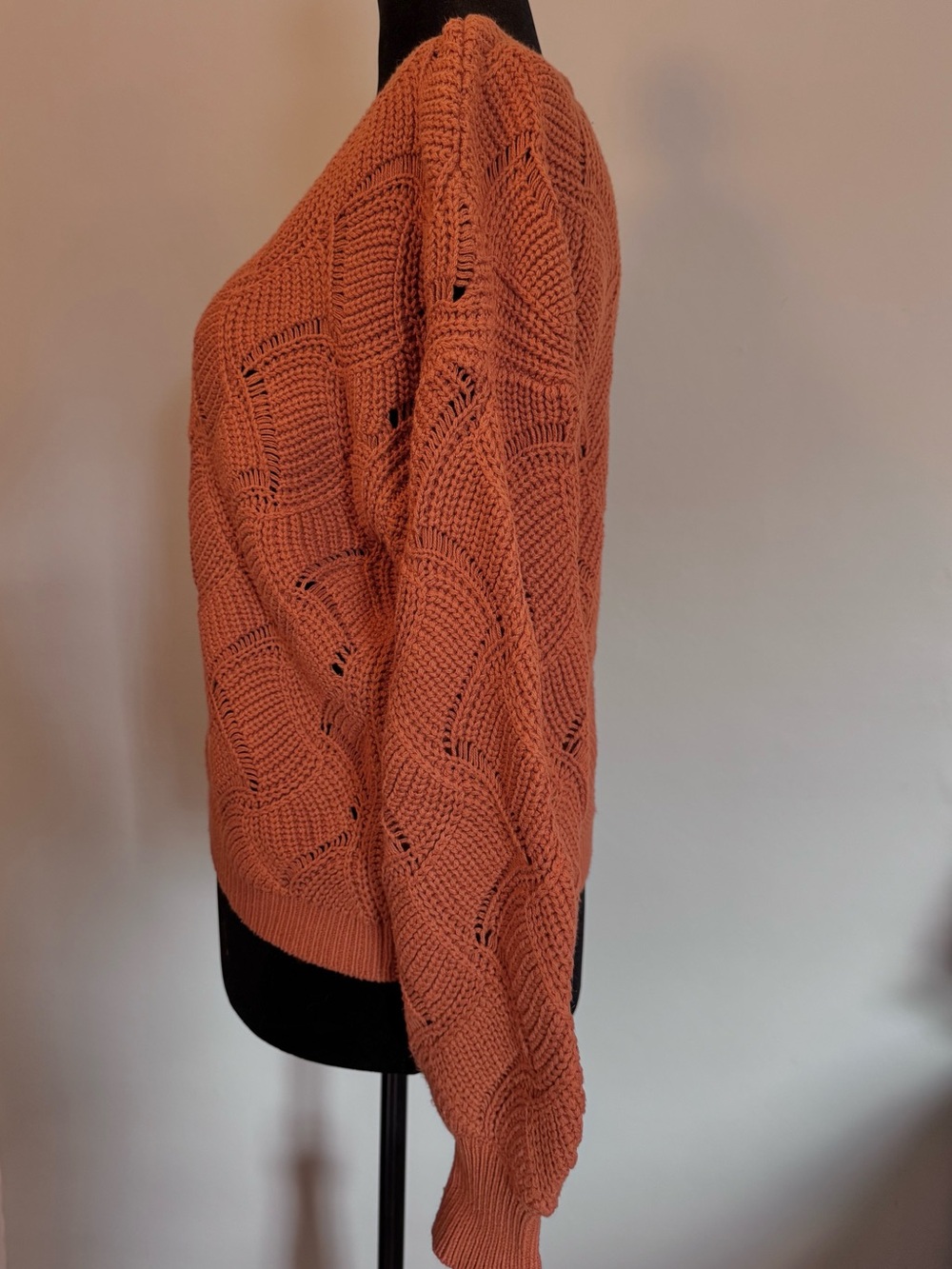 moon & madison Open-Knit V-Neck Sweater in Rust Orange - Size Large - Picture 2 of 10